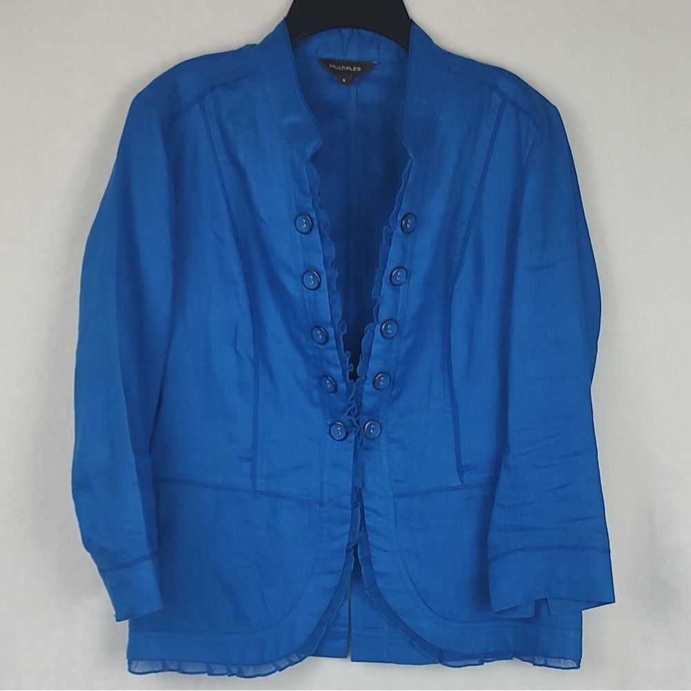 Multiples Womens Cobalt Blue Ruffle Trim Button Front Blazer Jacket Size S